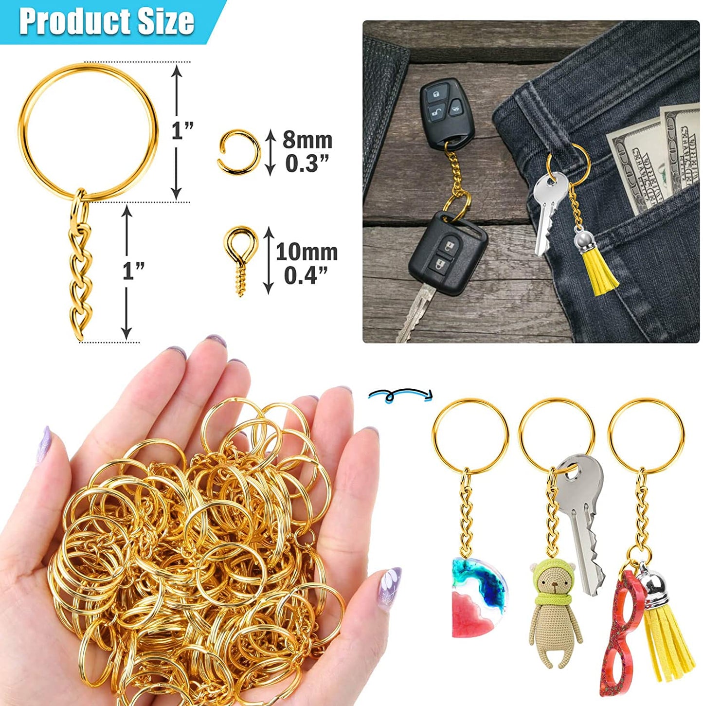 Kit de Anillos + Cancamos + Aros para 50 llaveros Dorado