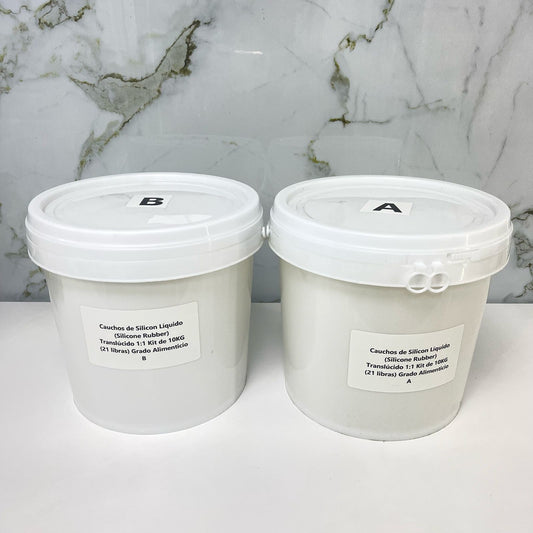 Cauchos de Silicon Líquido (Silicone Rubber) Translúcido 1:1 Kit de 2KG (4.2 libras) y Kit de 10KG (21 libras) Grado Alimenticio